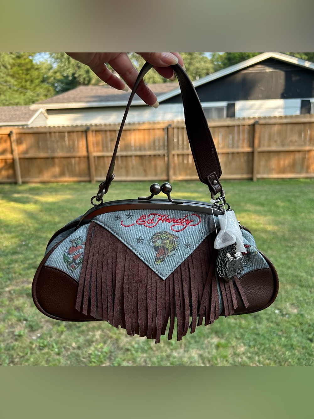 NWT Ed Hardy Denim Kisslock Frame Handbag